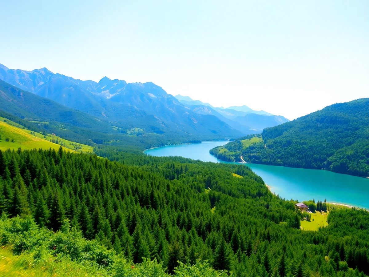 Peisaj montan pitoresc cu păduri verzi și un lac limpede