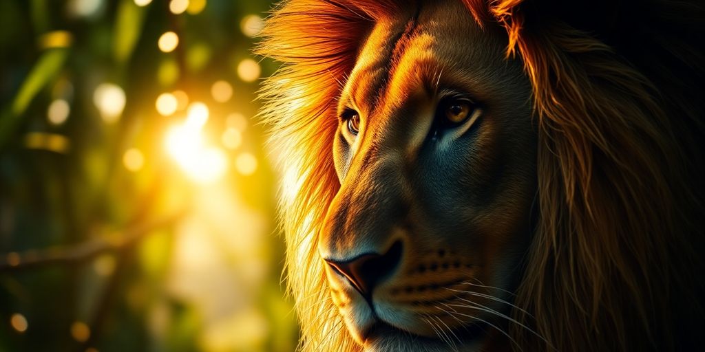 Golden coins, digital lock, lion, jungle, sunrays.