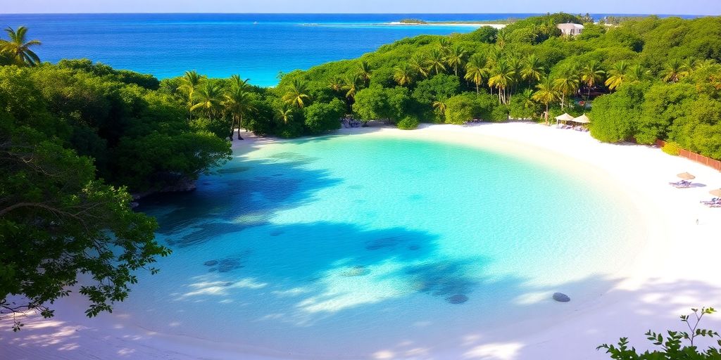 Schöner Strand mit klarem Wasser und Palmen.