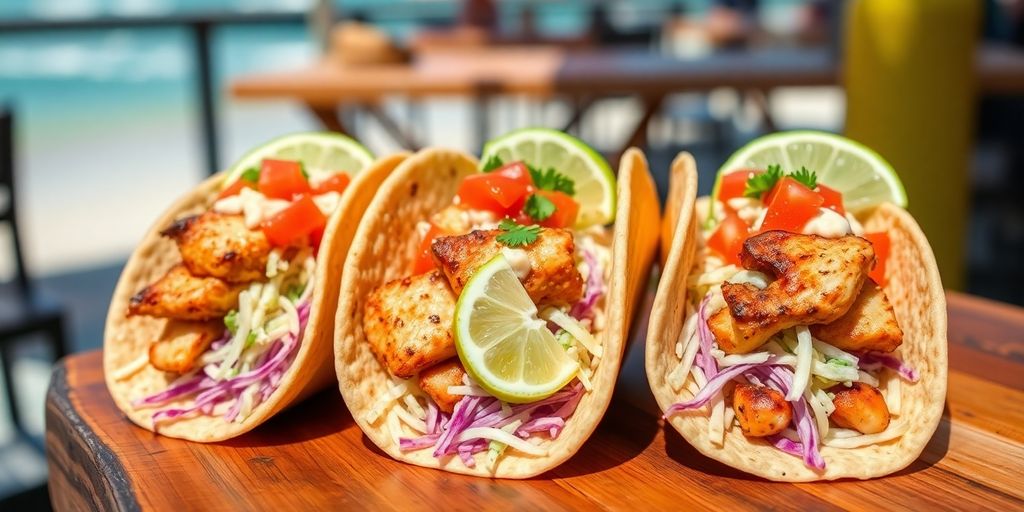 Close-up of three delicious, vibrant Cabo tacos.