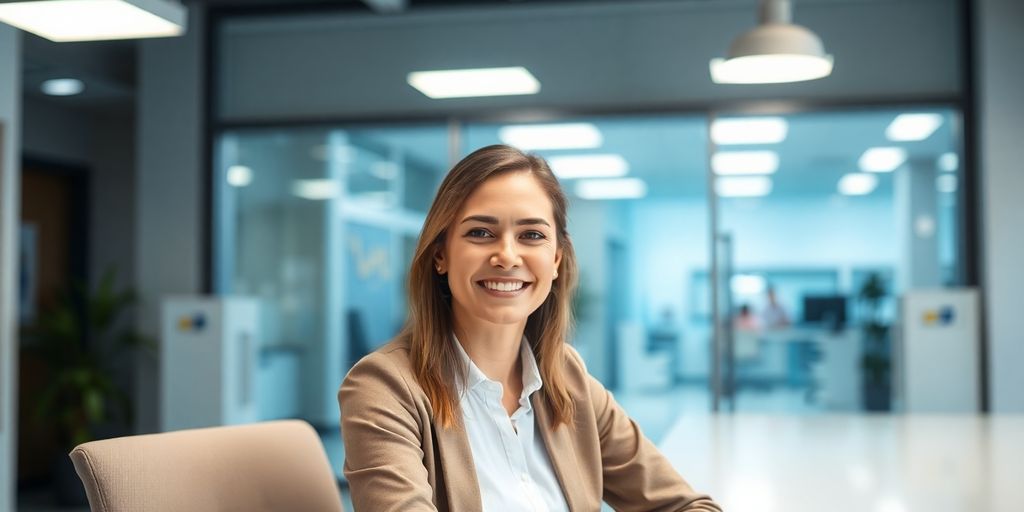 Healthcare communications director working at a desk.