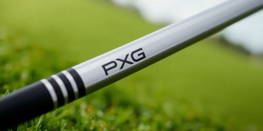 PXG putter shaft close-up with clean golf green background.