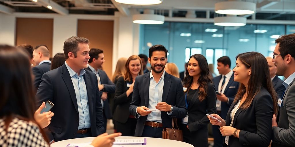 Evento de networking com profissionais interagindo e trocando contatos.