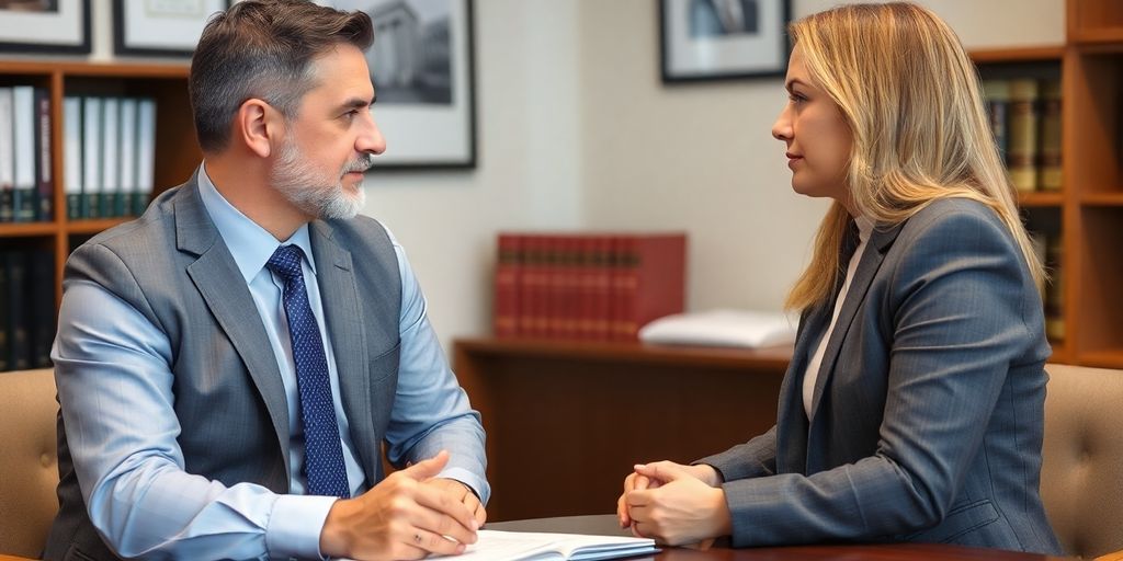 Local accident attorney consulting with a client in office.