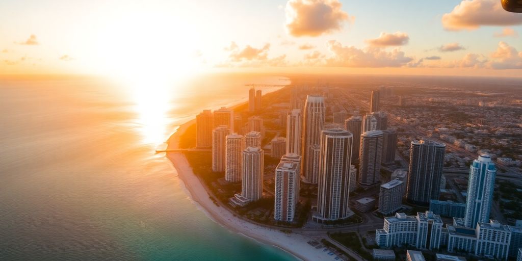 A helicopter flying over the Miami skyline at sunset.
