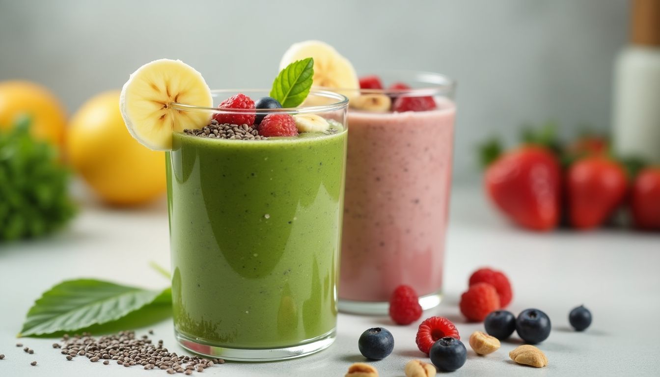 Colorful heart-healthy smoothie with berries and greens.