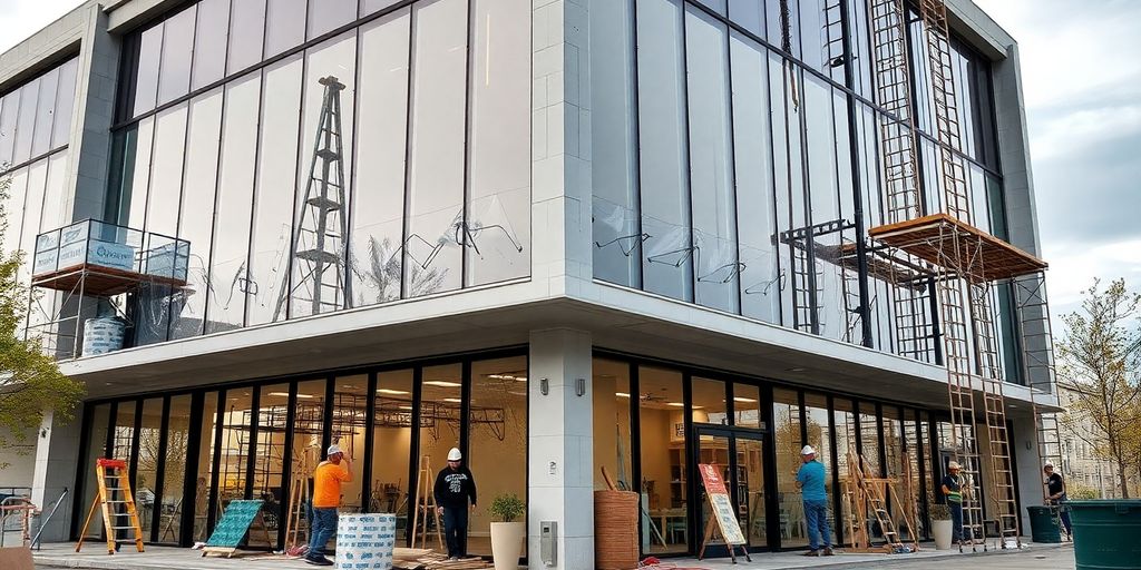 Modern commercial building undergoing renovation.