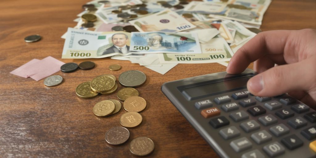 Hand with calculator and currency notes on a table.