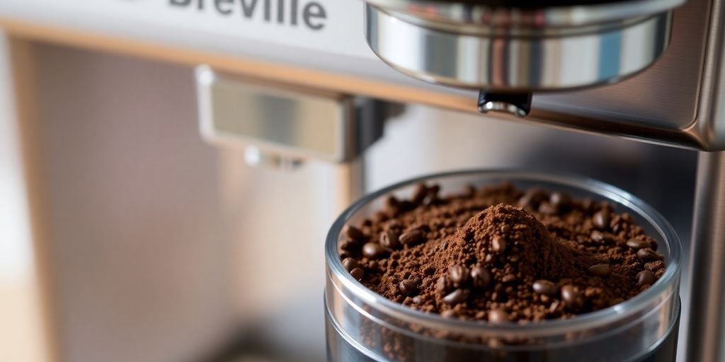 Freshly ground coffee in a Breville espresso grinder.