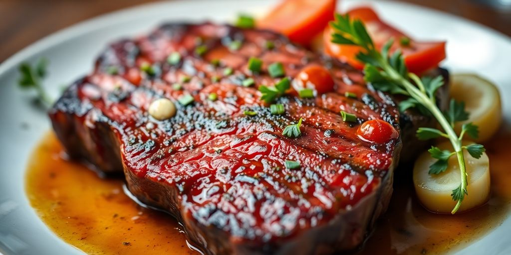 Grass-fed beef steak with fresh herbs and vegetables.