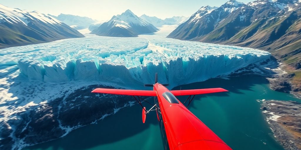 A small red floatplane flies over a vast Alaskan glacier.