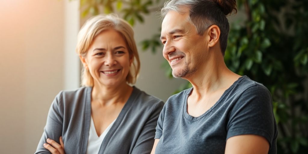 Mentor and client in a supportive conversation outdoors.