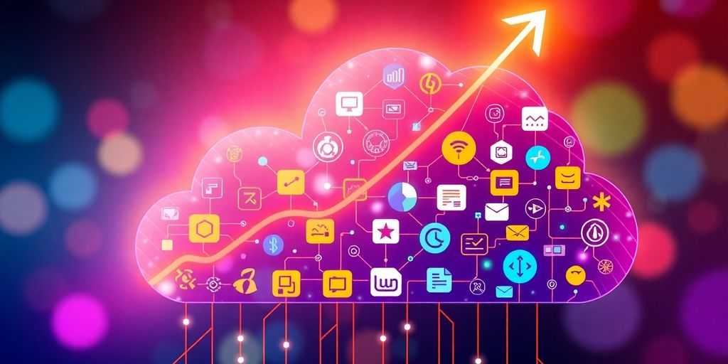 Digital growth cloud with connected software icons.