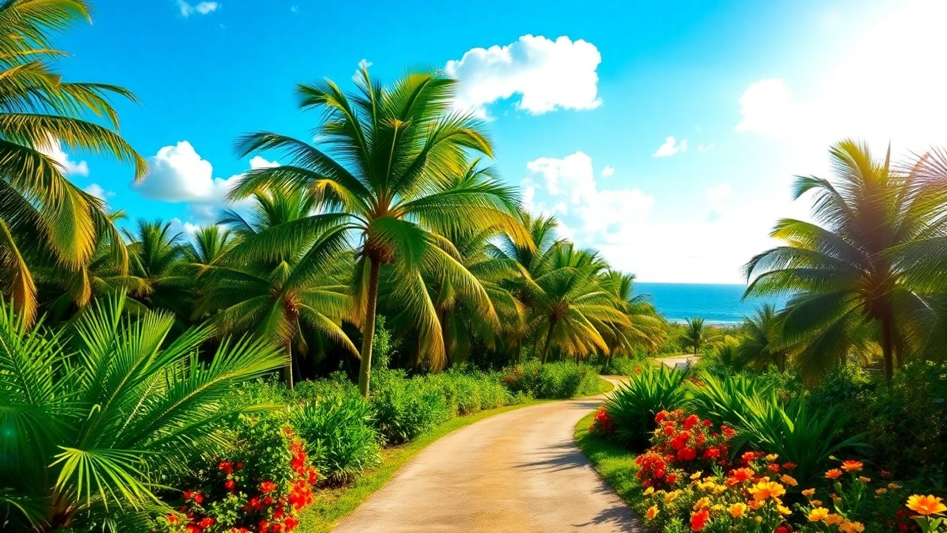 Palm trees thrive, sun shines, vibrant colors.