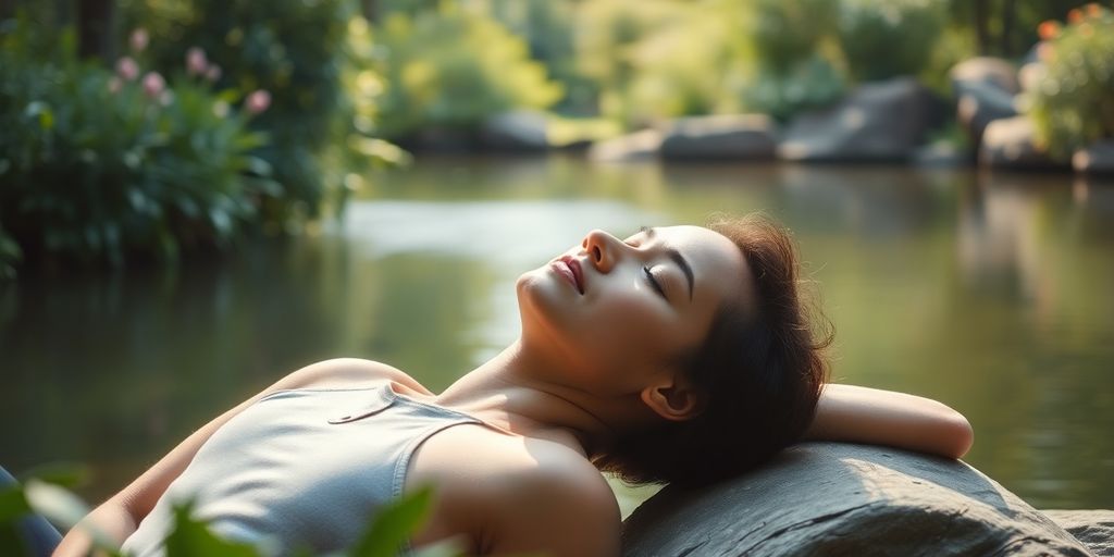 Person peacefully meditating outdoors.