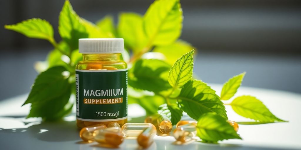 Magnesium supplements, capsules, green leaves, natural light.
