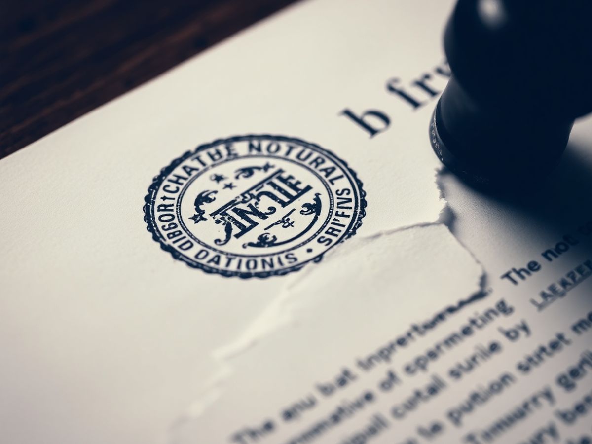 Document falsificat cu ștampilă notarială ruptă.