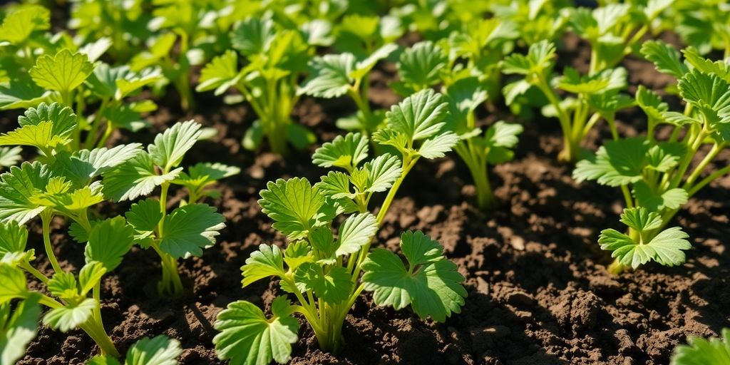 Gezonde biologische aardappelplanten groeien in vruchtbare grond.