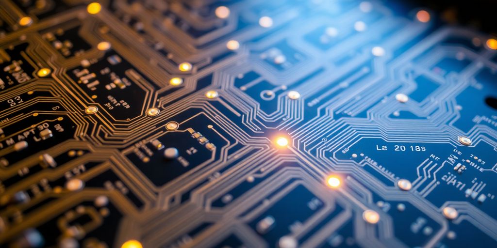 Circuit board with glowing connections.