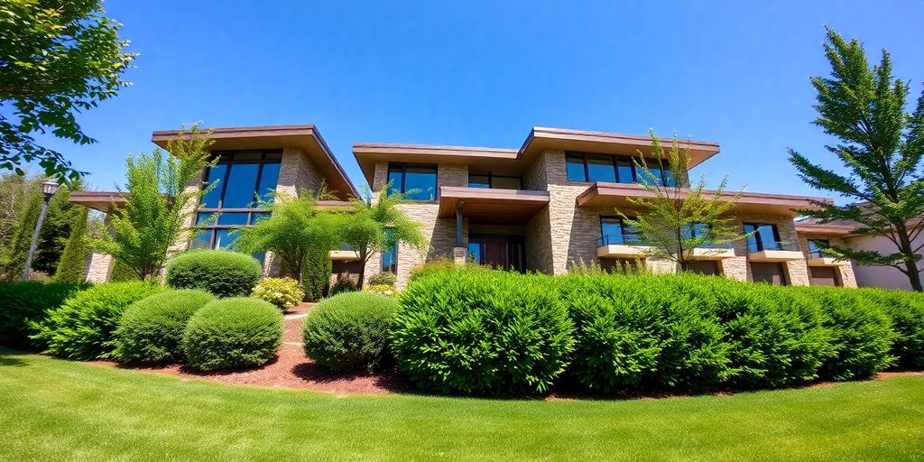 Modern home exterior with lush landscaping