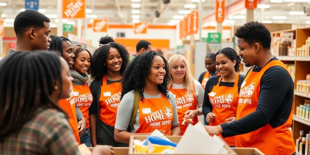 Diverse Home Depot employees collaborating in a store setting.