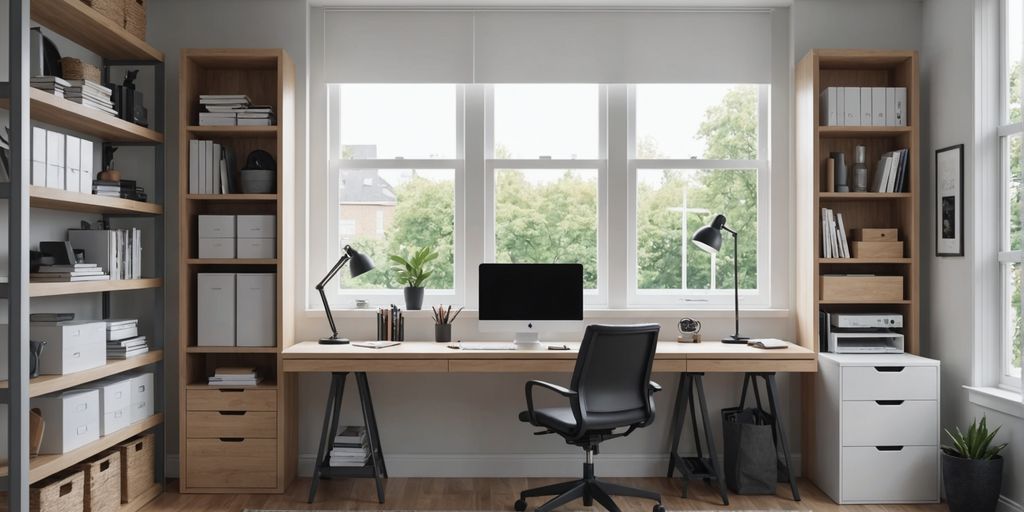 Modern workspace with desk, computer, and organized storage boxes.