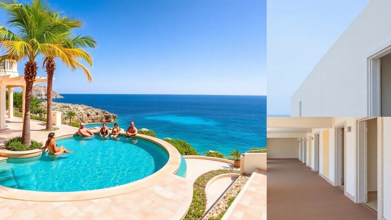 Friends relaxing at Cabo villa with pool and ocean view.