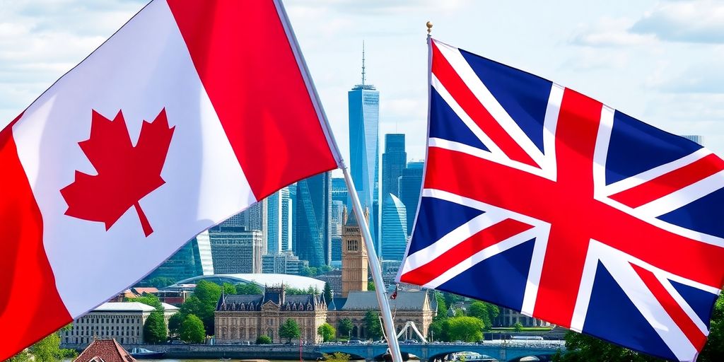 Flags of Canada and UK with famous landmarks in background.