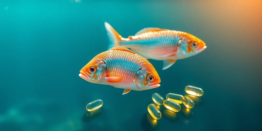 Two fish swimming in clear water with omega-3 capsules.