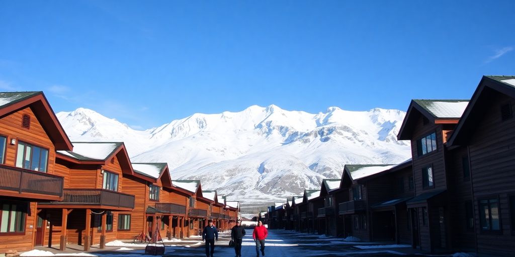 Modern employee housing at the base of snowy Alaskan mountains.