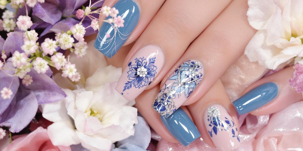 Unhas azuis elegantes com detalhes artísticos.