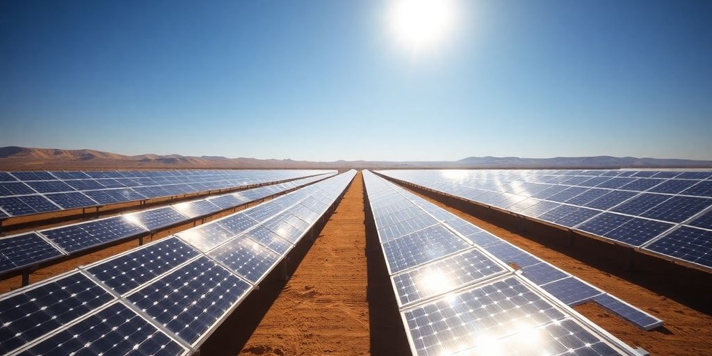 Un grand bâtiment de centrale solaire avec des panneaux scintillants sous un ciel bleu.