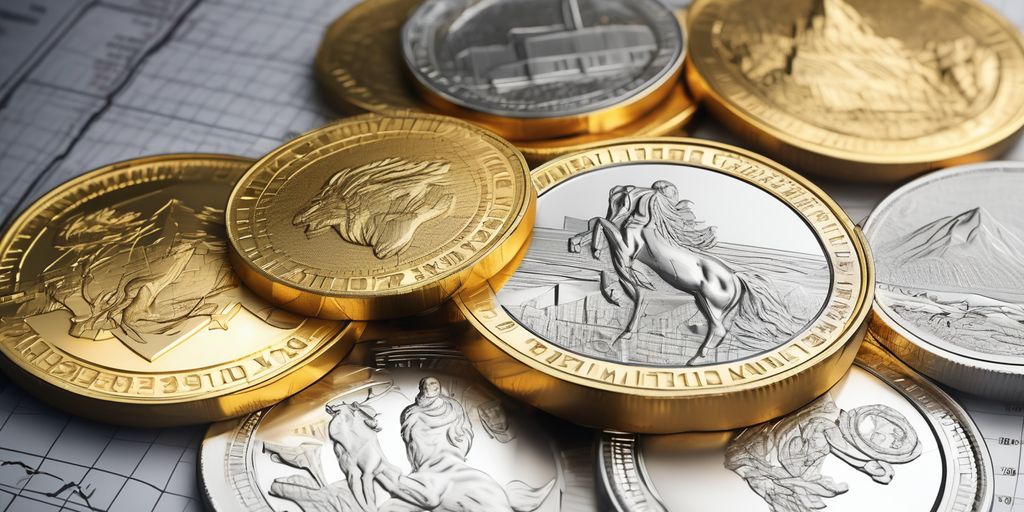 gold and silver coins with financial charts
