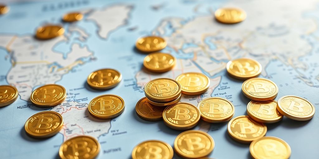 Pièces d'or brillantes sur carte du monde floue.