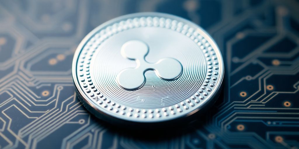 Close-up of Ripple coin on digital circuit background.