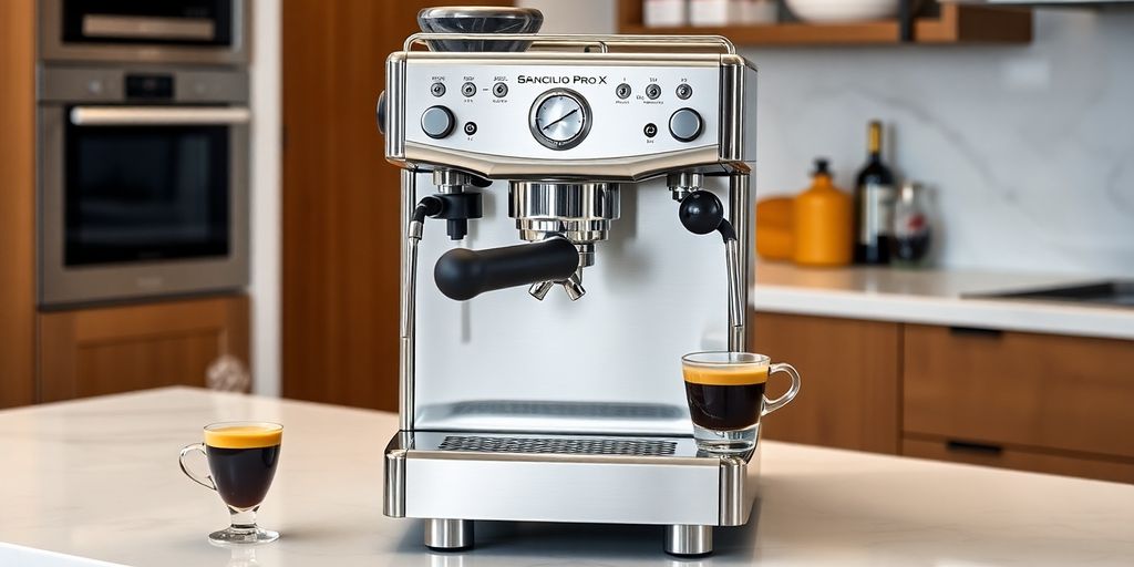 Sleek Rancilio Silvia Pro X espresso machine on countertop.