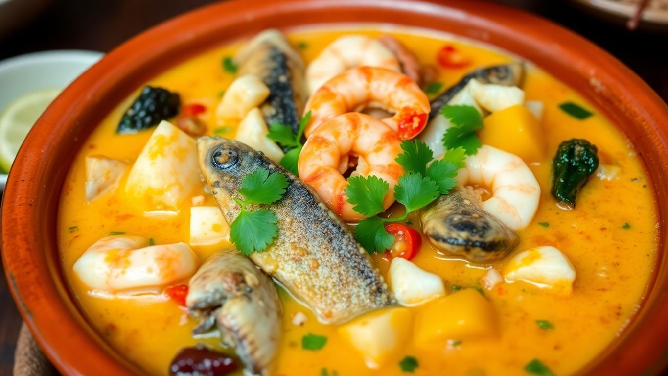 Prato de Moqueca com frutos do mar e vegetais.