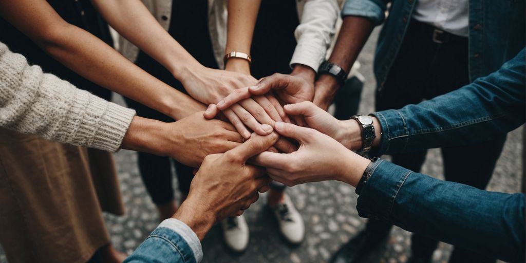 Diverse group holding hands, symbolizing unity in polyamory.