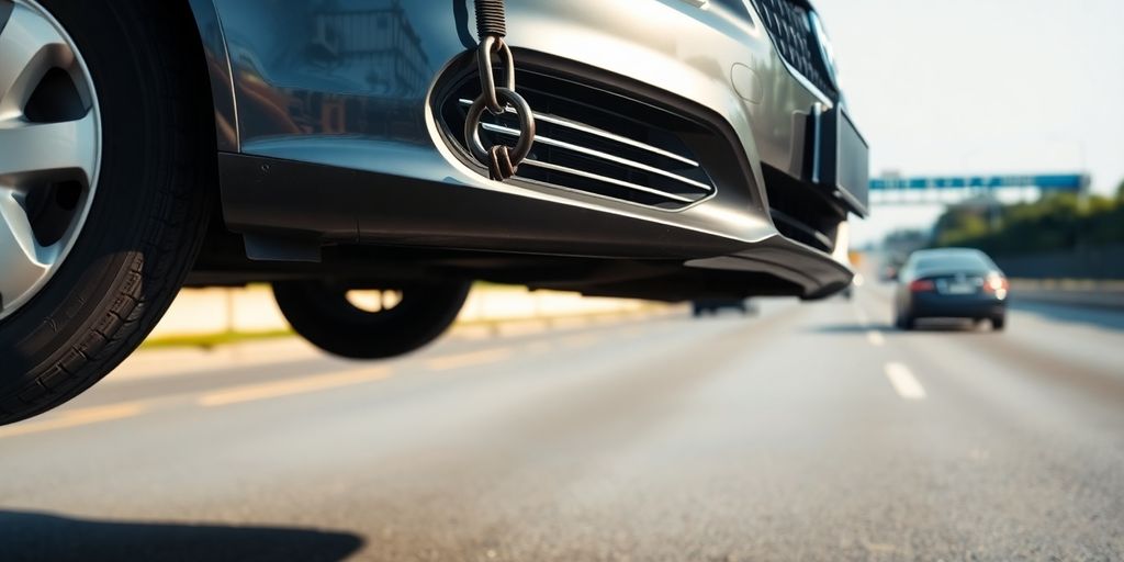 Grúa remolcando coche en la carretera.