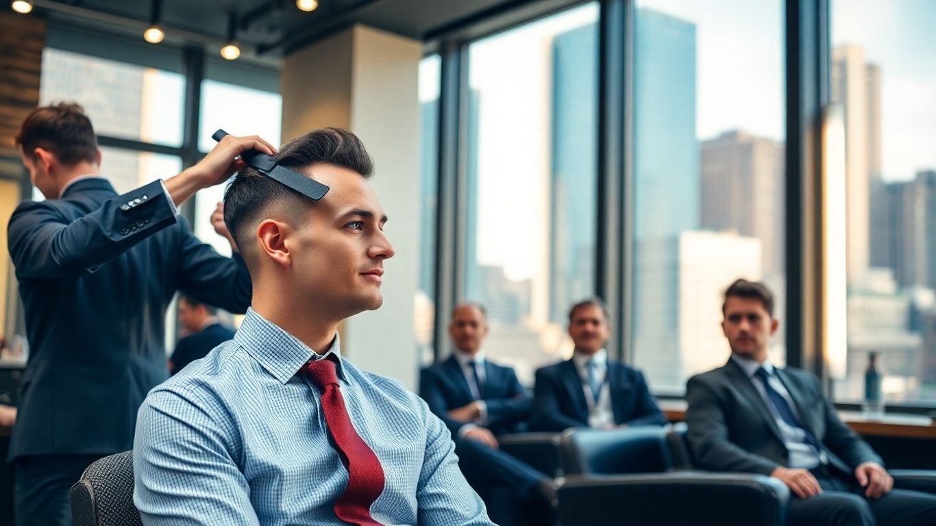 Businessman getting haircut in modern downtown Salt Lake barbershop