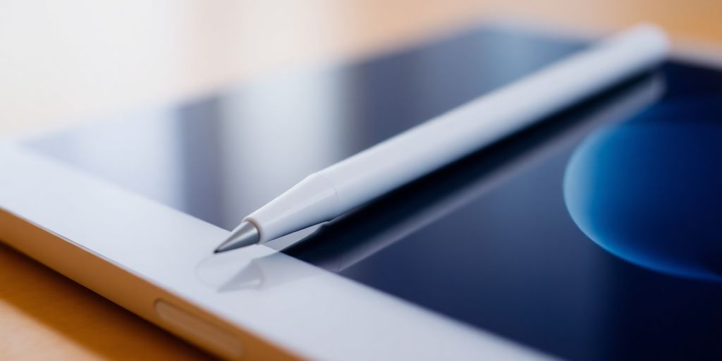 Apple Pencil and iPad on a blurred background.