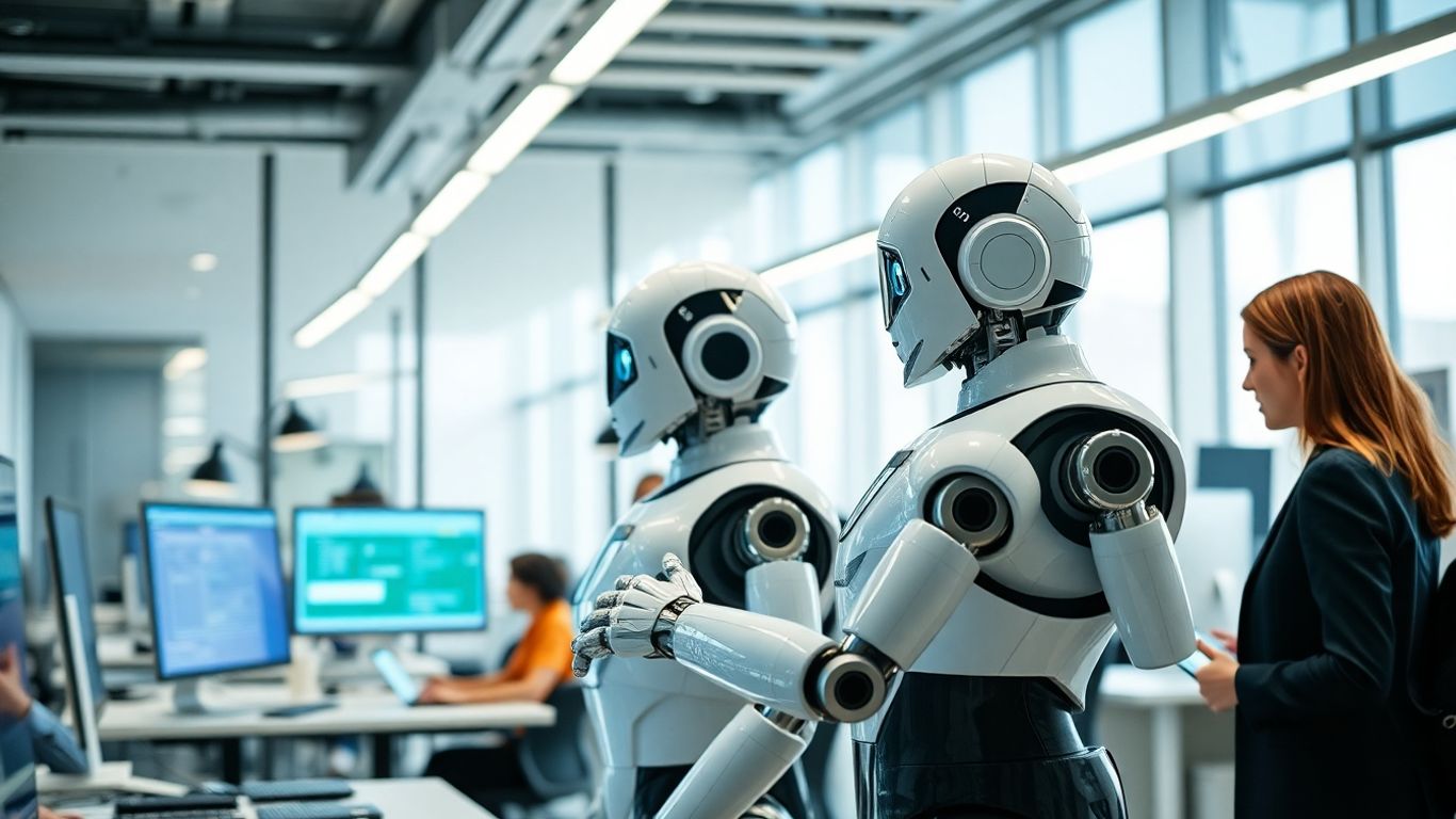 Professionals and robot collaborating in a modern office