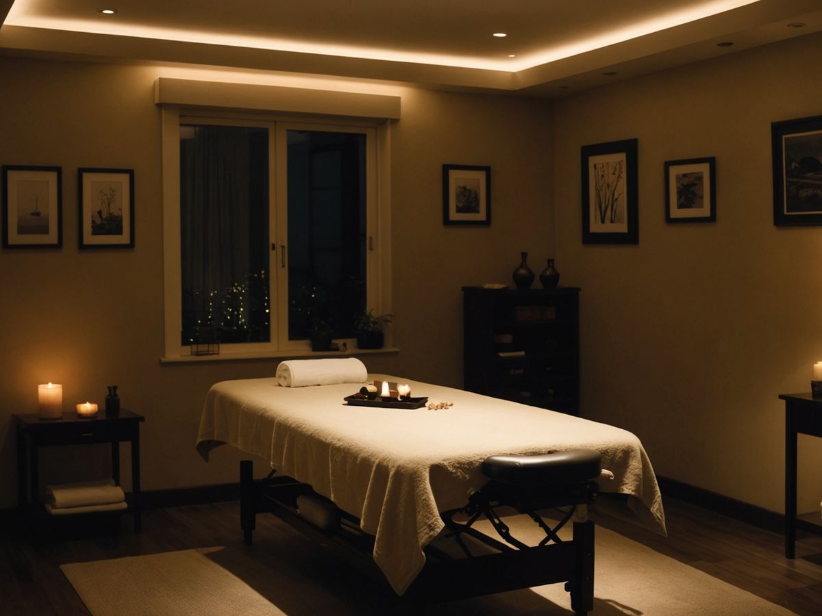 Dimly lit massage room with a massage table.