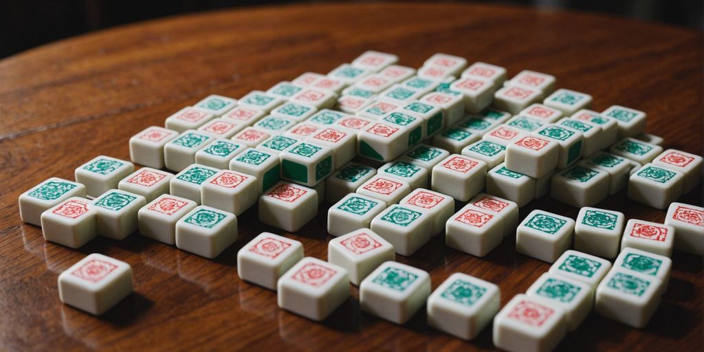 Neatly arranged colorful American Mahjong tiles on wooden table.