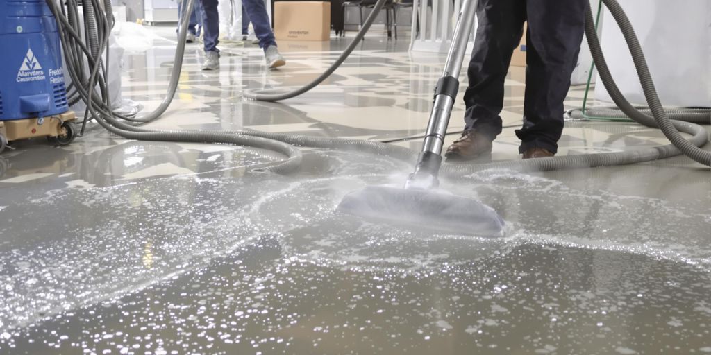 Water extraction process in a flooded home interior.
