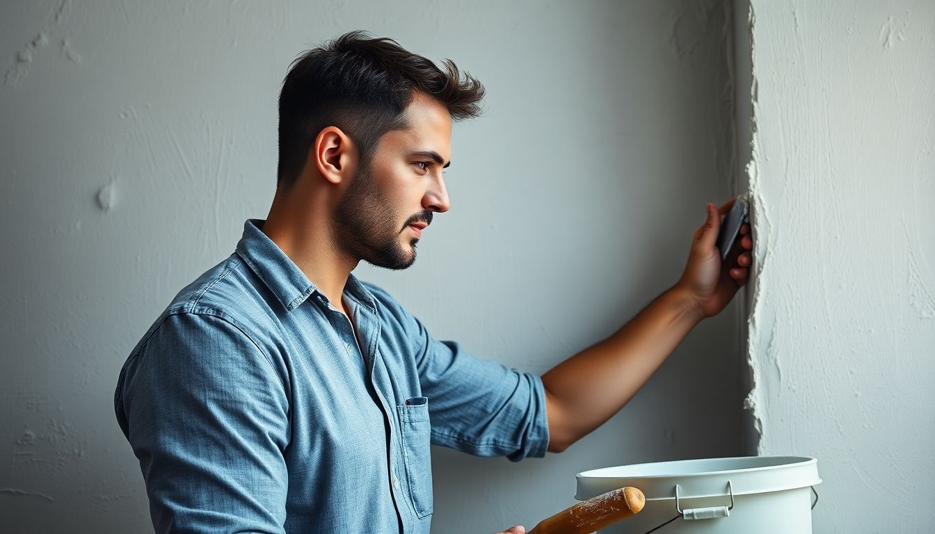 Plasterer applying plaster to a wall in London.