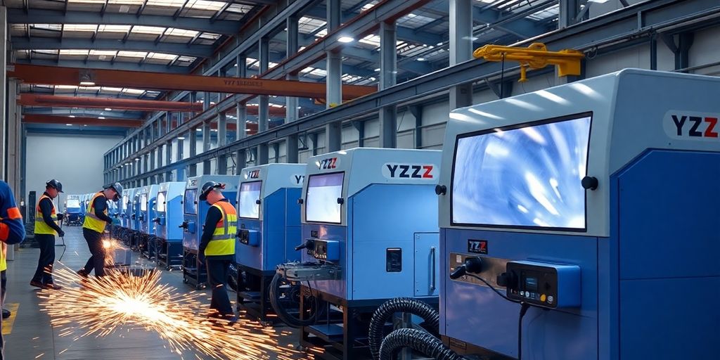 Workers using YZ's welding machines on a production line.