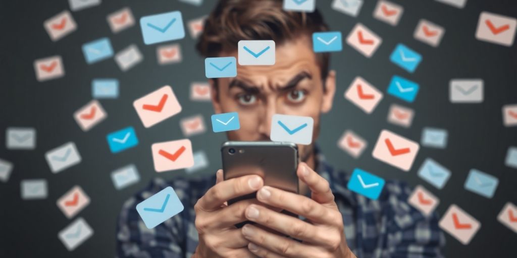 Person frustré par des SMS indésirables sur smartphone.