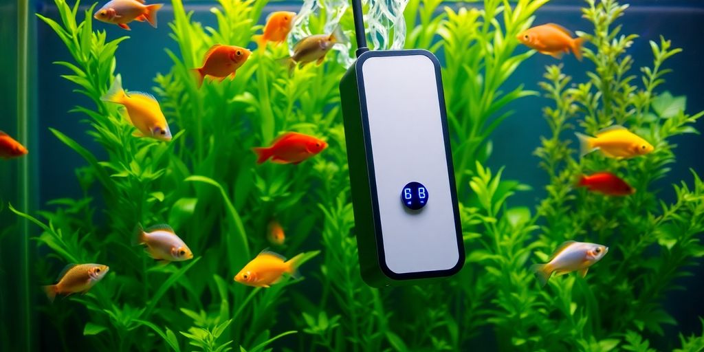 Aquarium heater in a vibrant underwater scene with fish.