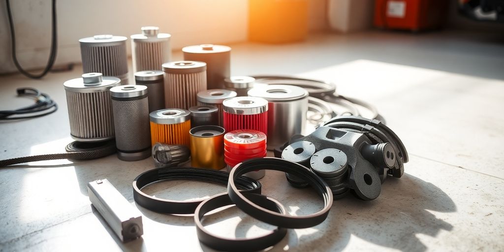 Assorted new car parts on a clean garage floor.